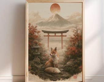 Fox Torii Gate Mount Fuji Japanese Art Print, Kitsune Wall Art, Japan Landscape Poster, Oriental Home Decor, Asian Wall Hanging
