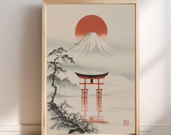 Japanse inktprint van de Torii-poort met de rode zon op de berg Fuji, Ukiyo-e muurdecoratie, Japanse landschapsposter, Aziatische decoratie, traditionele Sumi-e schilderkunst