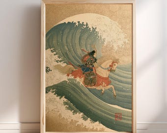 Samurai White Horse Great Wave Print | Japanese Ukiyo-e Art | Warrior Wall Art | Vintage Japan Poster | Asian Home Decor