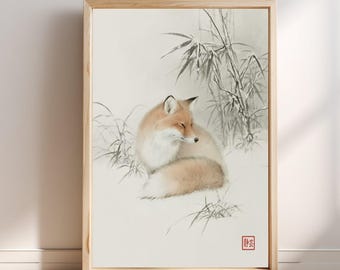 Fox Bamboo Grass Japanese Ink Wall Art Print, Kitsune Sumi-e Painting, Asian Zen Decor, Minimalist Black White Nature Artwork