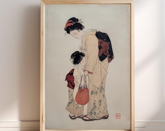 Moeder en kind, rode obi, Ukiyo-e print, Japanse muurdecoratie, vintage houtsnede stijl, Aziatische decoratie, Bijin-ga schoonheid print