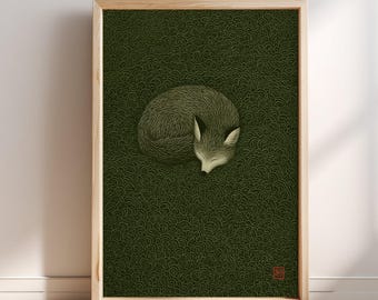 White Fox Curled Green Waves Japanese Art Print, Kitsune Wall Art, Ukiyo-e Style Ocean Decor, Japan Animal Poster, Asian Home Decor