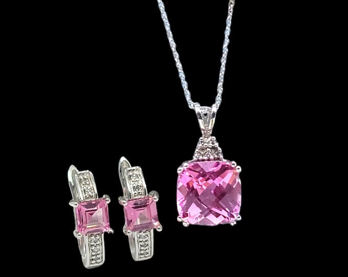 10 Karat White Gold 10mm Cushion Cut Pink Sapphire & Diamond Pendant and Earring set.