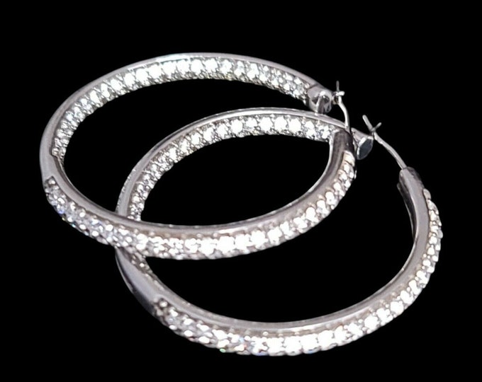 Rhodium-Plated 925 Sterling Silver or 18K Yellow Gold Vermeil 2.00 CTW CZ Inside-Outside 34mm Hoop Earrings.