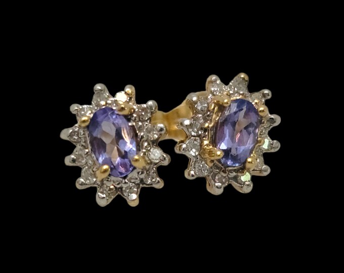 Solid 14K Yellow Gold 0.75 CTW Oval Tanzanite & Diamond Halo Stud Earrings