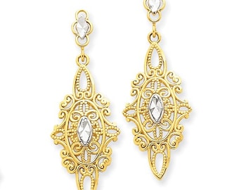 Beautiful 14 Karat Yellow & White Gold Diamond-cut Filigree Dangle Earrings
