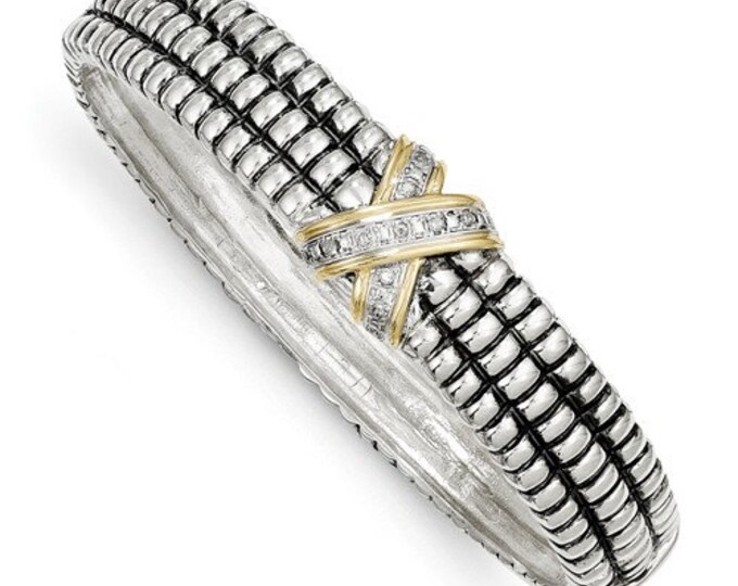 Beautiful 925 Sterling Silver w/14k 1/15ct Diamond Bangle Bracelet