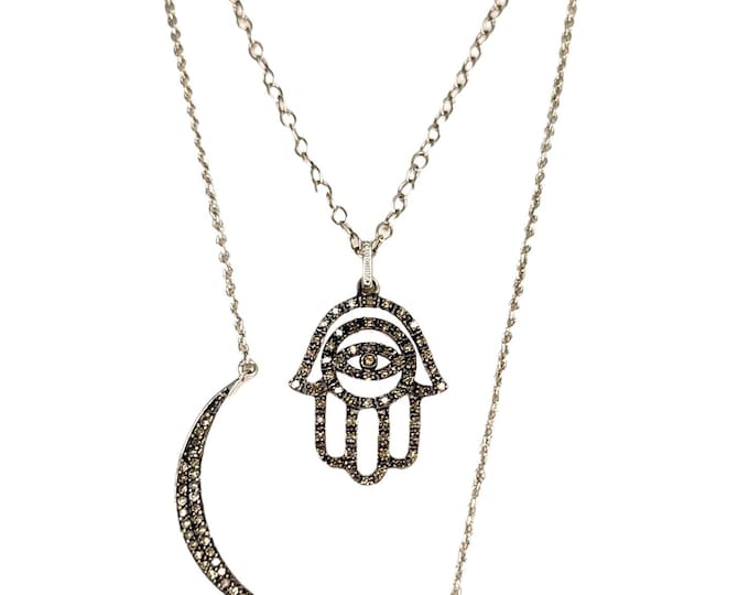 Rhodium-Plated 925 Sterling Silver 0.50 CTW Natural Champagne Diamond Crescent Moon or Evil Eye Hamsa Hand Layering Necklace 16"-18"