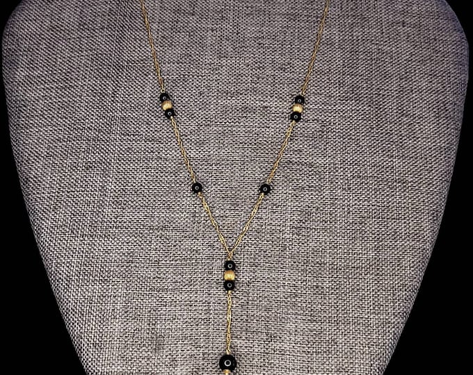 Gorgeous Handmade 14K Yellow Gold 4.15mm Gold & Onyx Bead 16" Y Chain Necklace W/1.5" Drop.