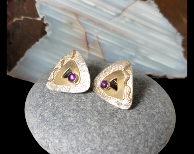 Unique Handmade Modernist Retro Style 14K Yellow Gold & Sterling Silver Amethyst Earrings.