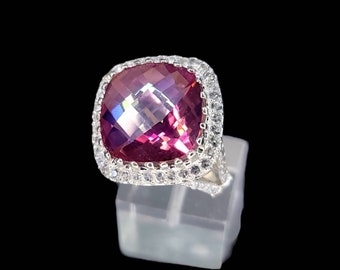 Rhodium-Plated 925 Sterling Silver 9.50 Carat Square Cushion Cut Pink Mystic Topaz Ring.