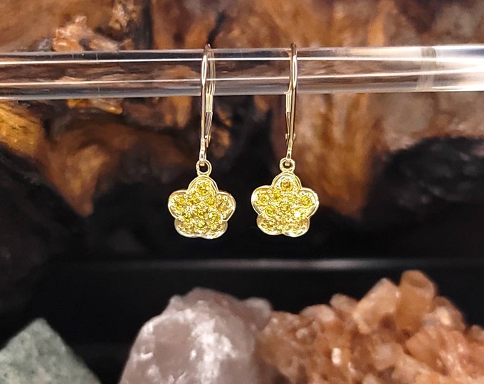 14 Karat Yellow Gold 5/8 CTW Yellow Diamond Flower Drop Dangle Leverback Earrings.