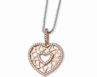 925 Sterling Silver & Rose  CZ Brilliant Embers Heart Necklace
