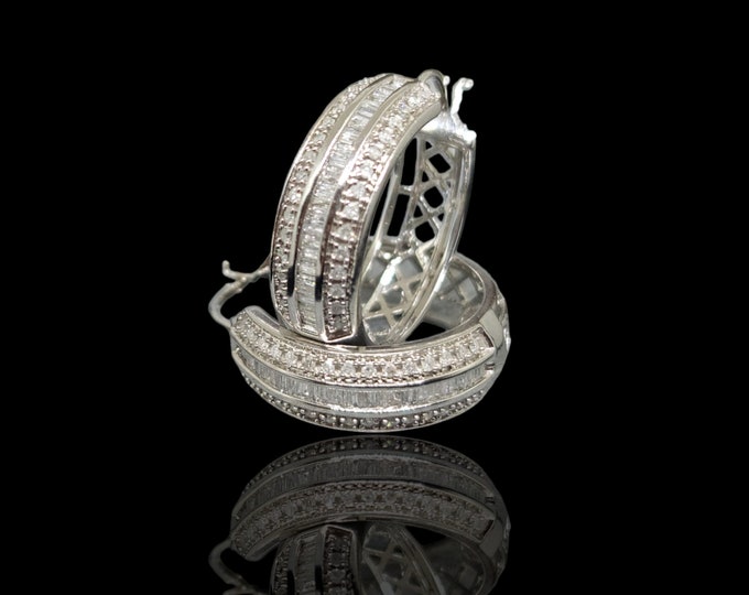 Gorgeous 10K White Gold 2.00 CTW Baguette & Round Diamond Hoop Earrings.