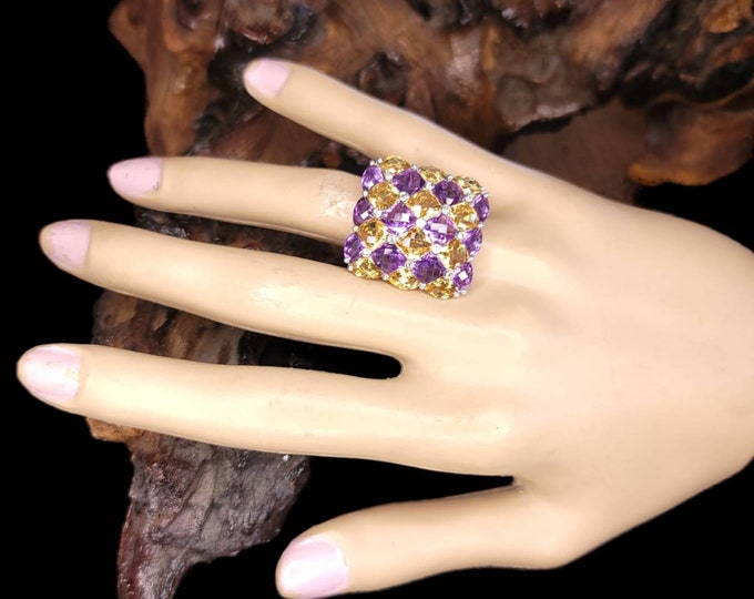 Gorgeous Rhodium 925 Sterling Silver 12 CTW Amethyst & Citrine Cocktail Ring.