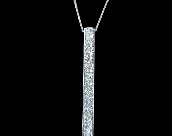 Handcrafted 14K White Gold SI1 G-H 1.00 CTW Diamond Pave Vertical Bar Pendant.