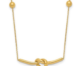 Collier de barre de noeud d'amour en or jaune 14 carats fabriqué à la main, extension de 16 "avec 2".