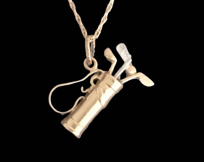 Handmade 14K Yellow & White Gold 3-D Golf Clubs and Bag Charm Pendant.