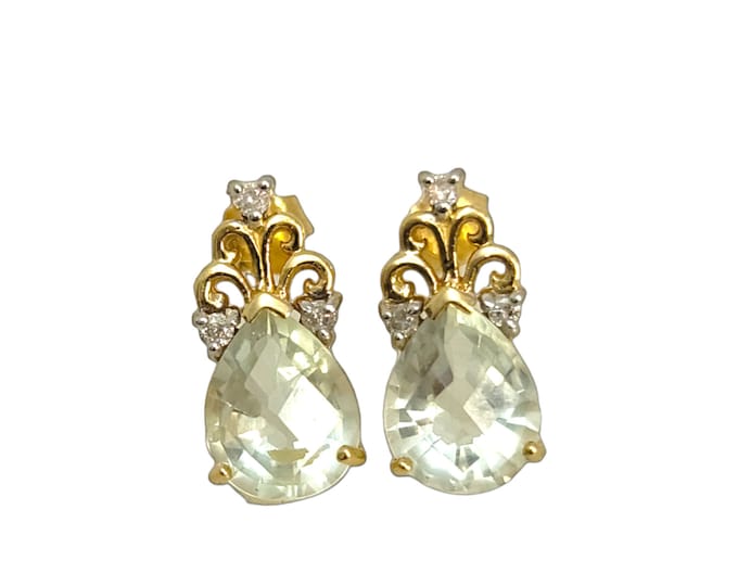 Handcrafted 14K Yellow Gold Natural 3.00 CTW Prasiolite & Diamond Teardrop Stud Earrings.