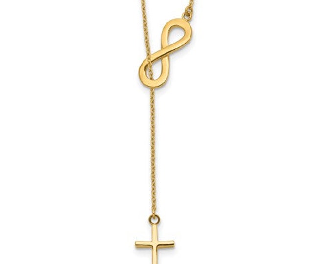 Beautiful 14 K Yellow Gold Polished Infinity and Cross Lariat Necklace, 18"