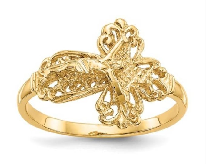 Solid 14 Karat Yellow Gold Diamond Cut Crucifix Ring, (Available in Solid 14K & 10K Yellow Gold)