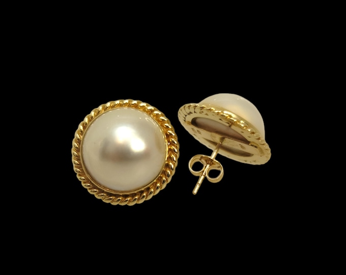 Handcrafted Vintage Inspired 14K Yellow Gold Mabe Pearl Button Stud Earrings.