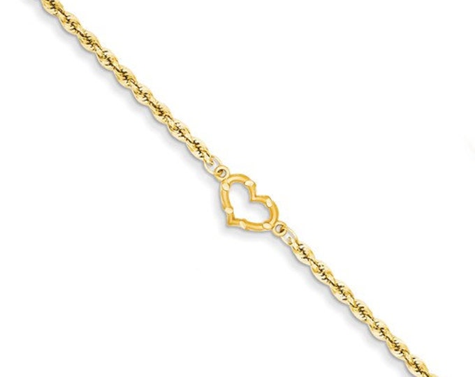 Beautiful 14 Karat Yellow or White Gold Diamond Cut Open Heart Rope Anklet