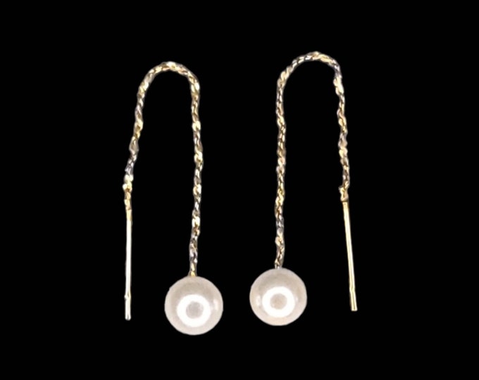 Handcrafted 14K Yellow Gold 5.15mm Natural Pearl Theader Earrings.