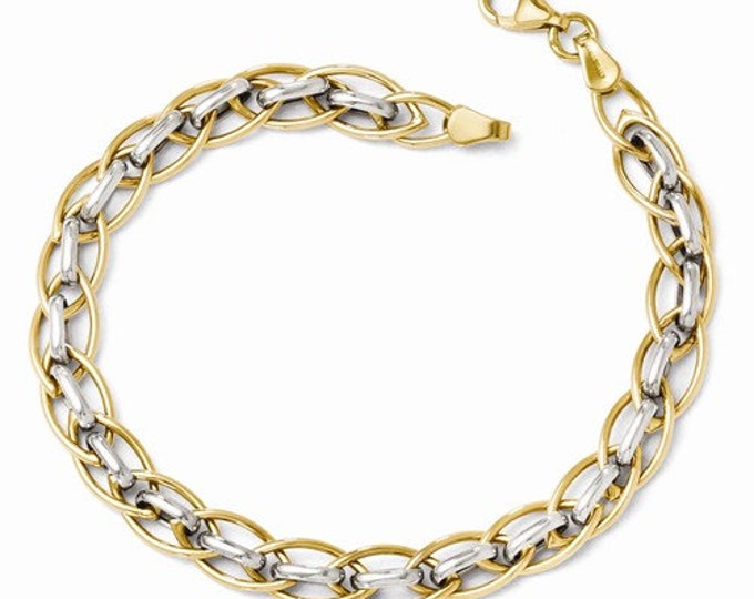 Beautiful 14 Karat Two-tone White & Yellow Gold Polished Interlocking Fancy Link 7.25" Inch Bracelet