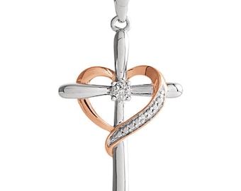 Sterling Silver 31x15.7mm Diamond Heart Cross Pendant