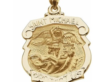 Superbe médaille Saint-Michel fabriquée à la main en or 14 carats, 25 x 21,5 mm, pendentif, breloque.