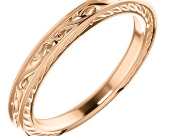 Handcrafted Solid Platinum, 10 Karat or 14 Karat Rose, White or Yellow Gold Vintage-Style Band