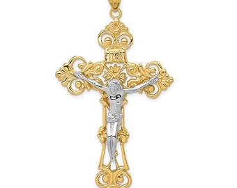 Pendentif en or 14 carats bicolore 68 mm INRI taille diamant fleur de lys crucifix.