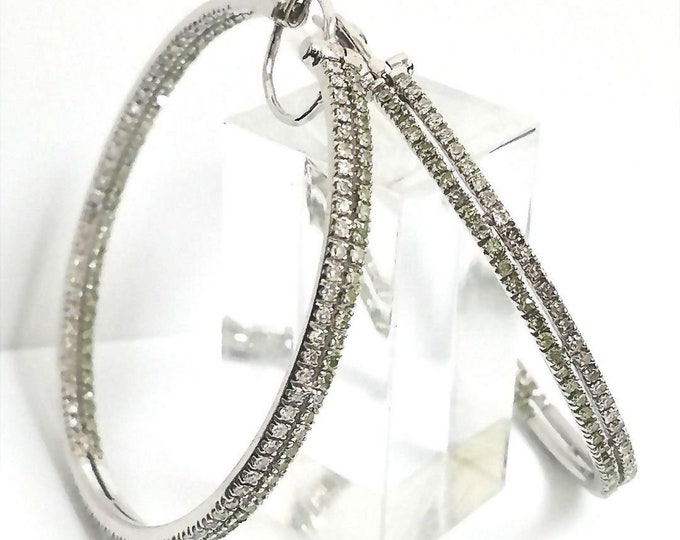 Gorgeous Custom 14 Karat White Gold 2.00 Carat Natural Fancy Green & White Diamond 17.25mm Inside Out Hoop Earrings #L901.