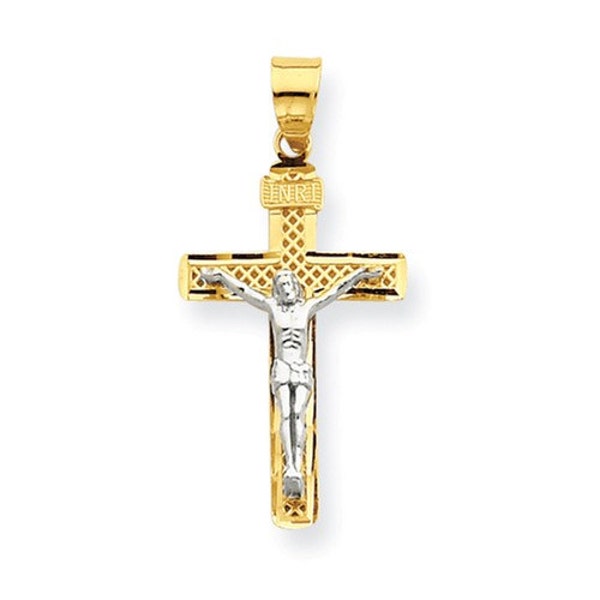 14 Karat Two-tone Gold Diamond Cut Medium Block Lattice Cross Crucifix Pendant.