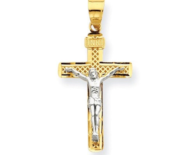 14 Karat Two-tone Gold Diamond Cut Medium Block Lattice Cross Crucifix Pendant.