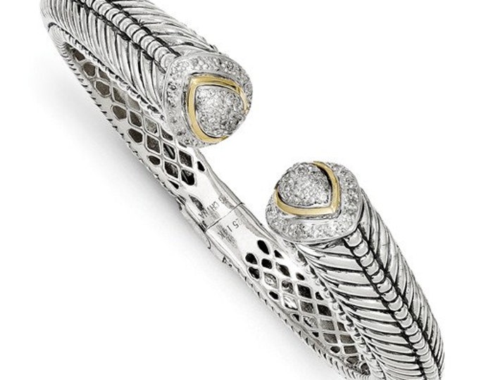 Beautiful 925 Sterling Silver w/14k 1/2ct. Diamond Hinged Cuff Bracelet
