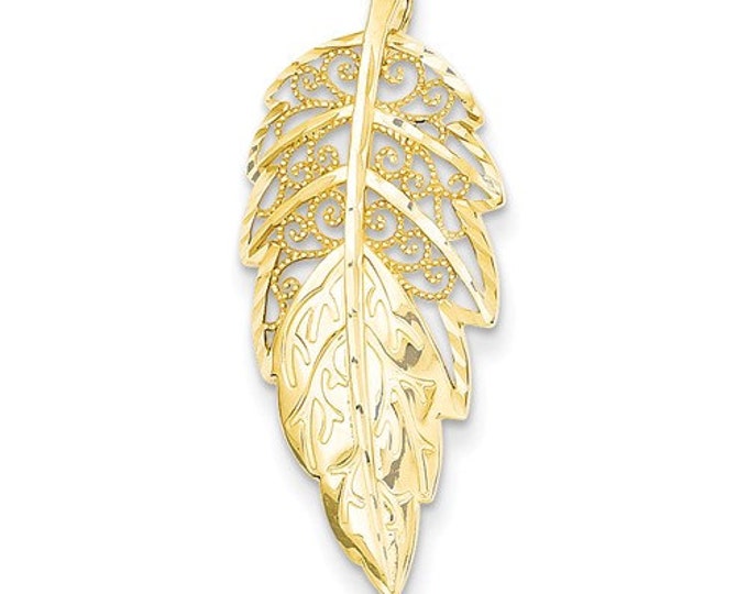 Beautiful Handcrafted 14 Karat Yellow Gold Diamond Cut Filigree Leaf Slide Pendant