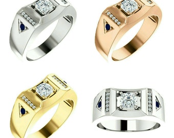 Gorgeous Handcrafted 14 Karat White, Rose or Yellow Gold 1.00 Carat Cushion Cut Moissanite, Diamond & Blue Sapphire Men's Ring.