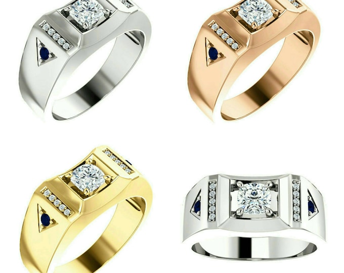 Gorgeous Handcrafted 14 Karat White, Rose or Yellow Gold 1.00 Carat Cushion Cut Moissanite, Diamond & Blue Sapphire Men's Ring.