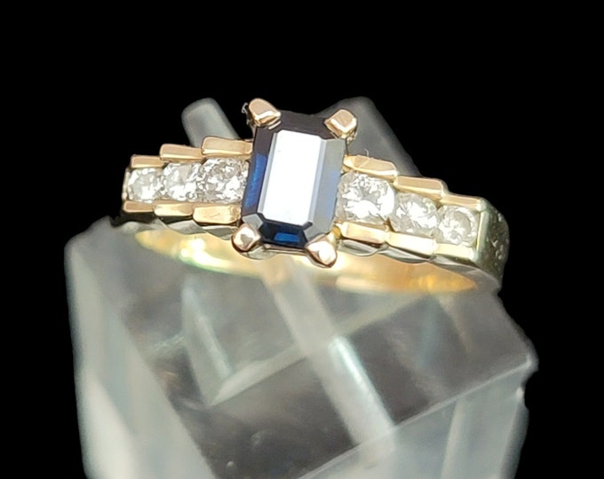 Handcrafted 14K Yellow Gold Natural Emerald Cut Blue Sapphire & Diamond Ring.
