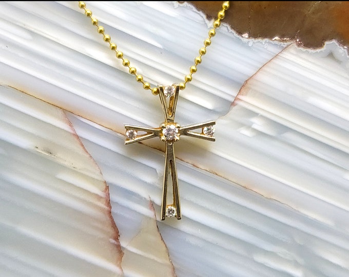 Petite Minimalist 14K Yellow Gold 0.10 CTW Diamond  Cross Pendant.