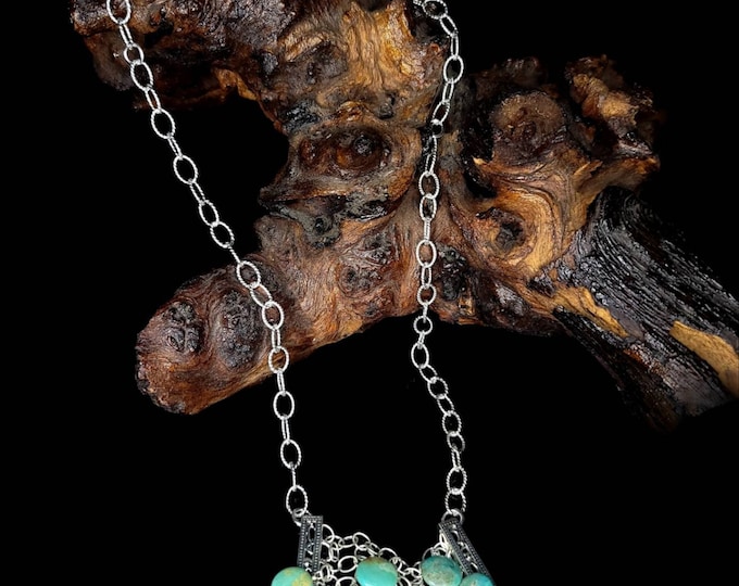 Gorgeous Rhodium-Plated 925 Sterling Silver & Turquoise Bib Necklace By Barse. 24" Adjustable