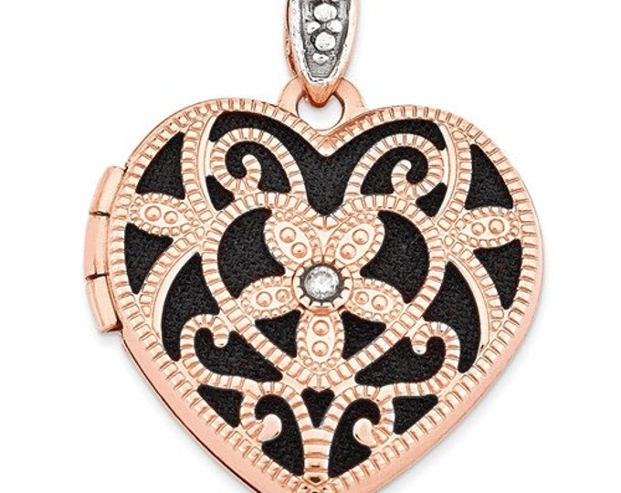 Gorgeous 14 Karat Rose Gold 18mm Vintage Inspired Heart & Diamond Black Interior Locket