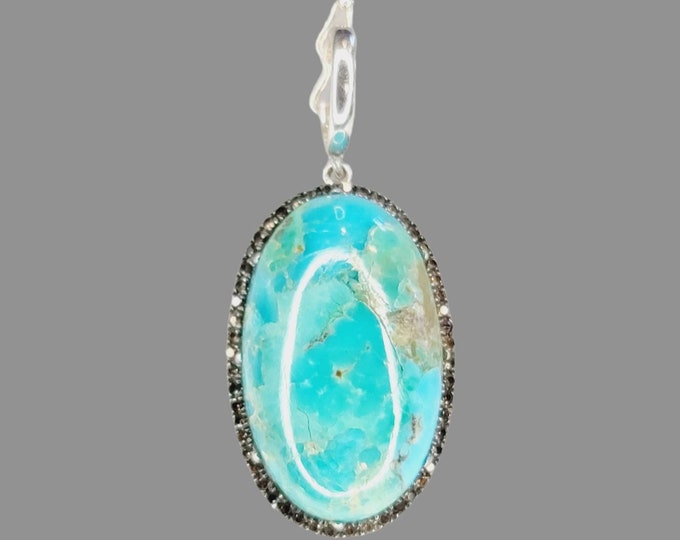 Gorgeous 925 Sterling Silver Natural 20.00 Carat Oval Turquoise & Topaz Pendant.