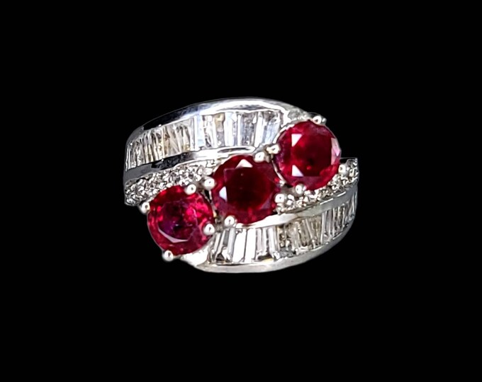Rhodium-Plated 925 Sterling Silver 4.00 CTW 3 Stone Chatham Ruby & Simulated Diamond Ring.