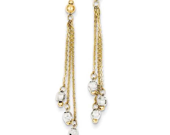 14 Karat Yellow & White Gold Two-tone Cable Chain Diamond Cut Bead Earrings