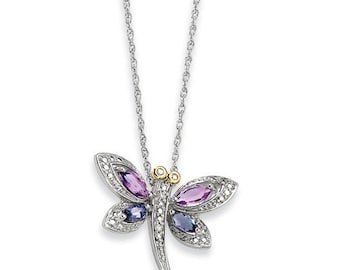 Beautiful 925 Sterling Silver & 14 Karat Yellow Gold Amethyst and Iolite and Diamond Dragonfly Necklace 18"-20"