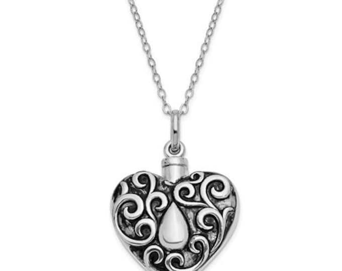 Sterling Silver Antiqued Grieving Heart Ash Holder 18in. Necklace
