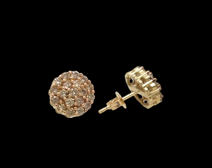 Gorgeous Solid 10K Yellow Gold 1.00 CTW Natural Champagne Diamond Cluster Stud Earrings.